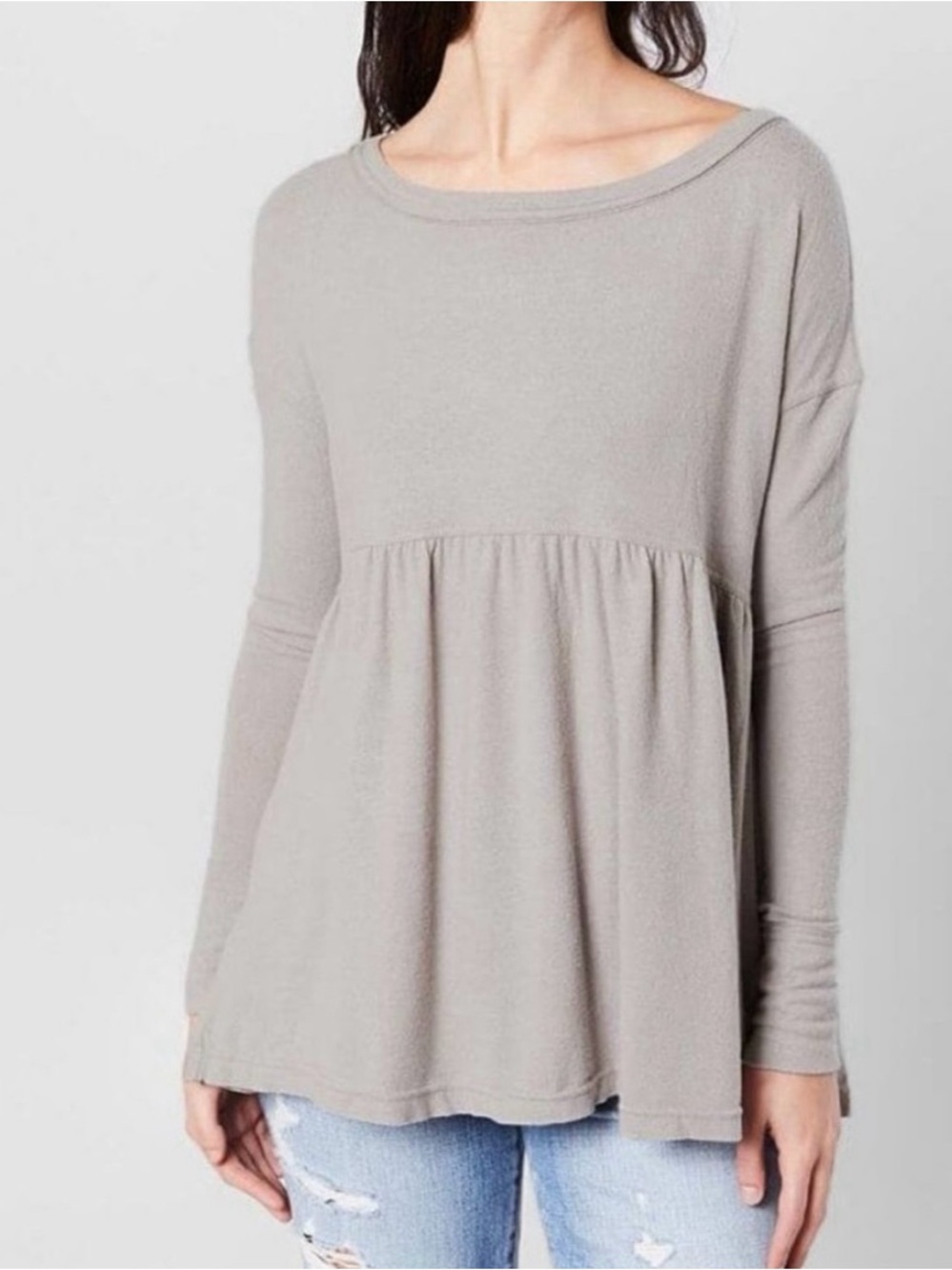 Free People “Forever Your Girl” Oyster Gray Long Sleeve Peplum Pullover Top
